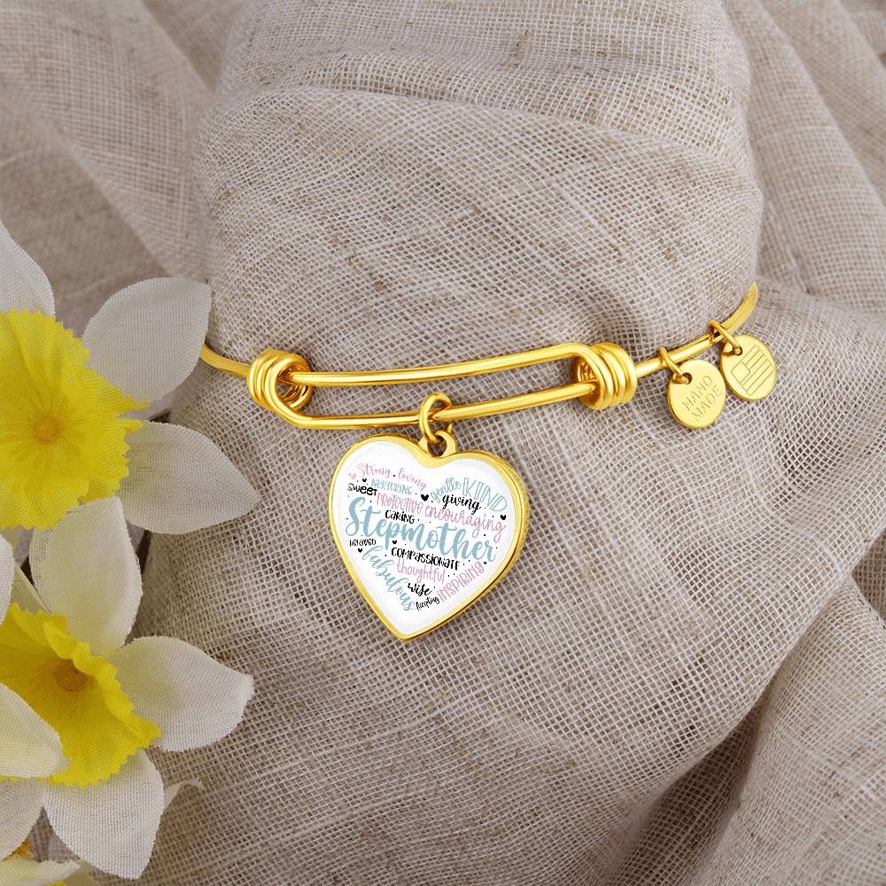 Stepmother  Heart Bangle Bracelet with Engraving-[Heartfelt Family Gift]