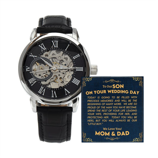 To Our Son on Your Wedding Day Men's Openwork Watch with Lighted Gift Box-[Heartfelt Family Gift]
