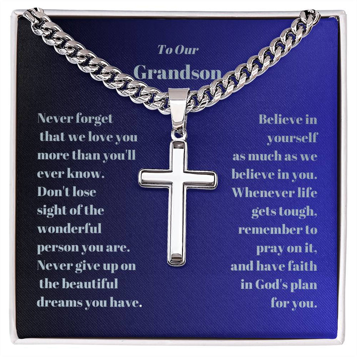 To Our Grandson Engraved Cross Necklace on Cuban Chaine-[Heartfelt Family Gift]