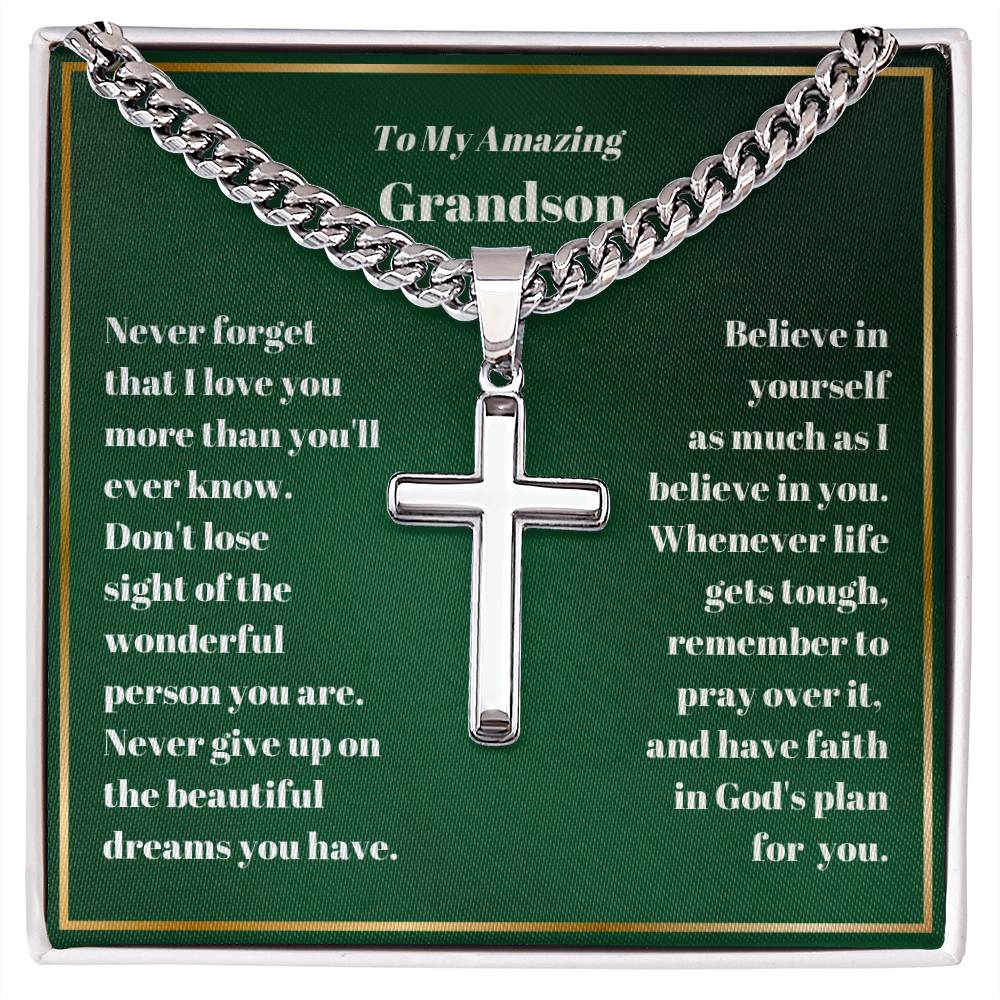 Grandson Personalized Cross Necklace on Cuban Chain-[Heartfelt Family Gift]