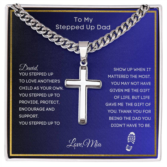 Stepped Up Dad Engraved Cross Chain Link Necklace-[Heartfelt Family Gift]