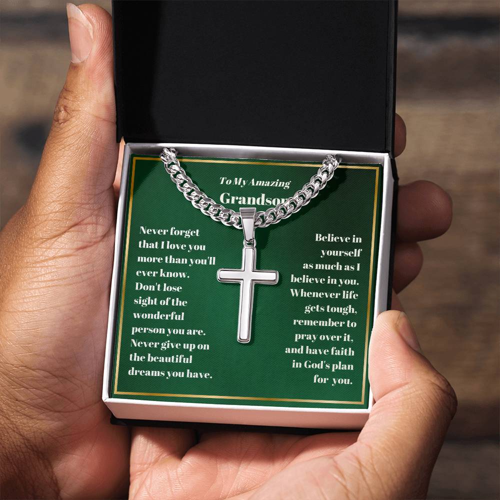 Grandson Personalized Cross Necklace on Cuban Chain-[Heartfelt Family Gift]