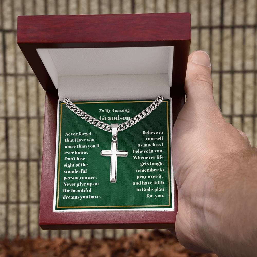 Grandson Personalized Cross Necklace on Cuban Chain-[Heartfelt Family Gift]