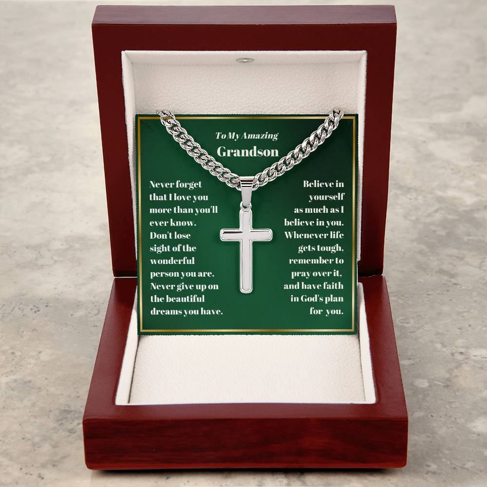 Grandson Personalized Cross Necklace on Cuban Chain-[Heartfelt Family Gift]