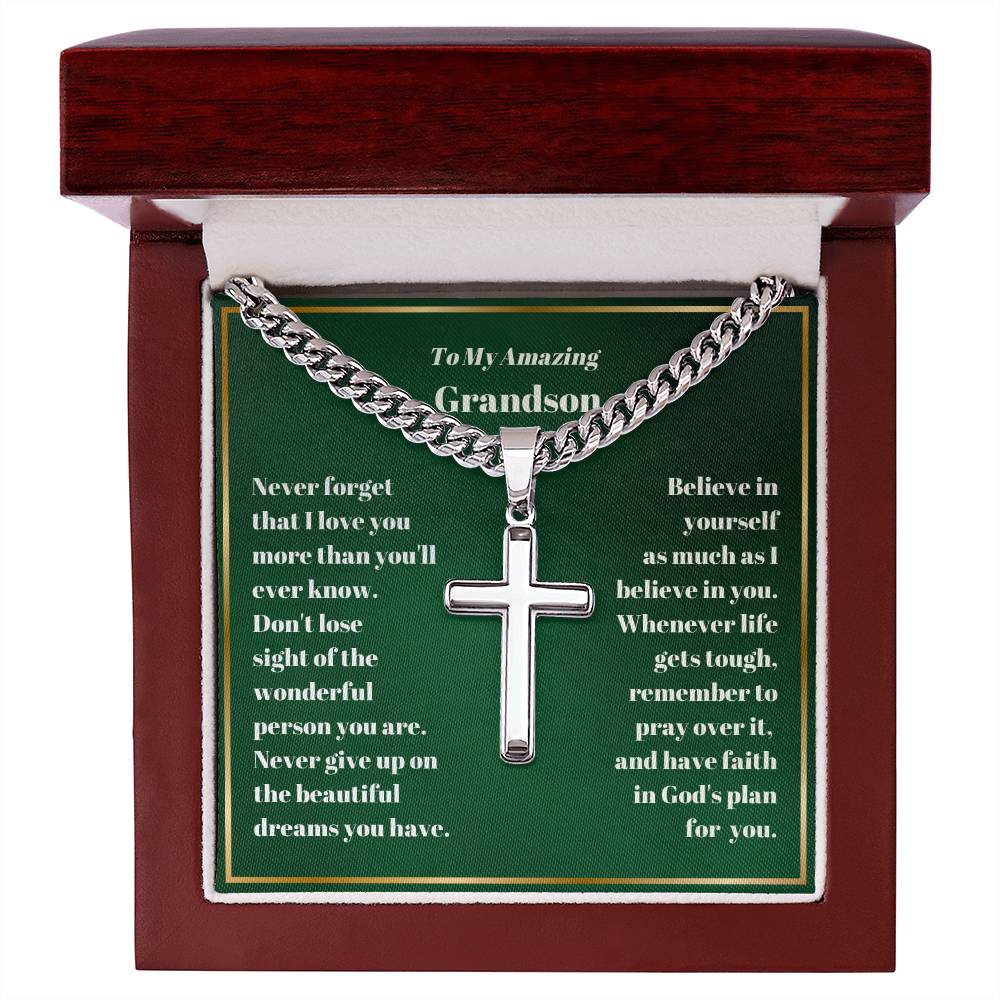 Grandson Personalized Cross Necklace on Cuban Chain-[Heartfelt Family Gift]