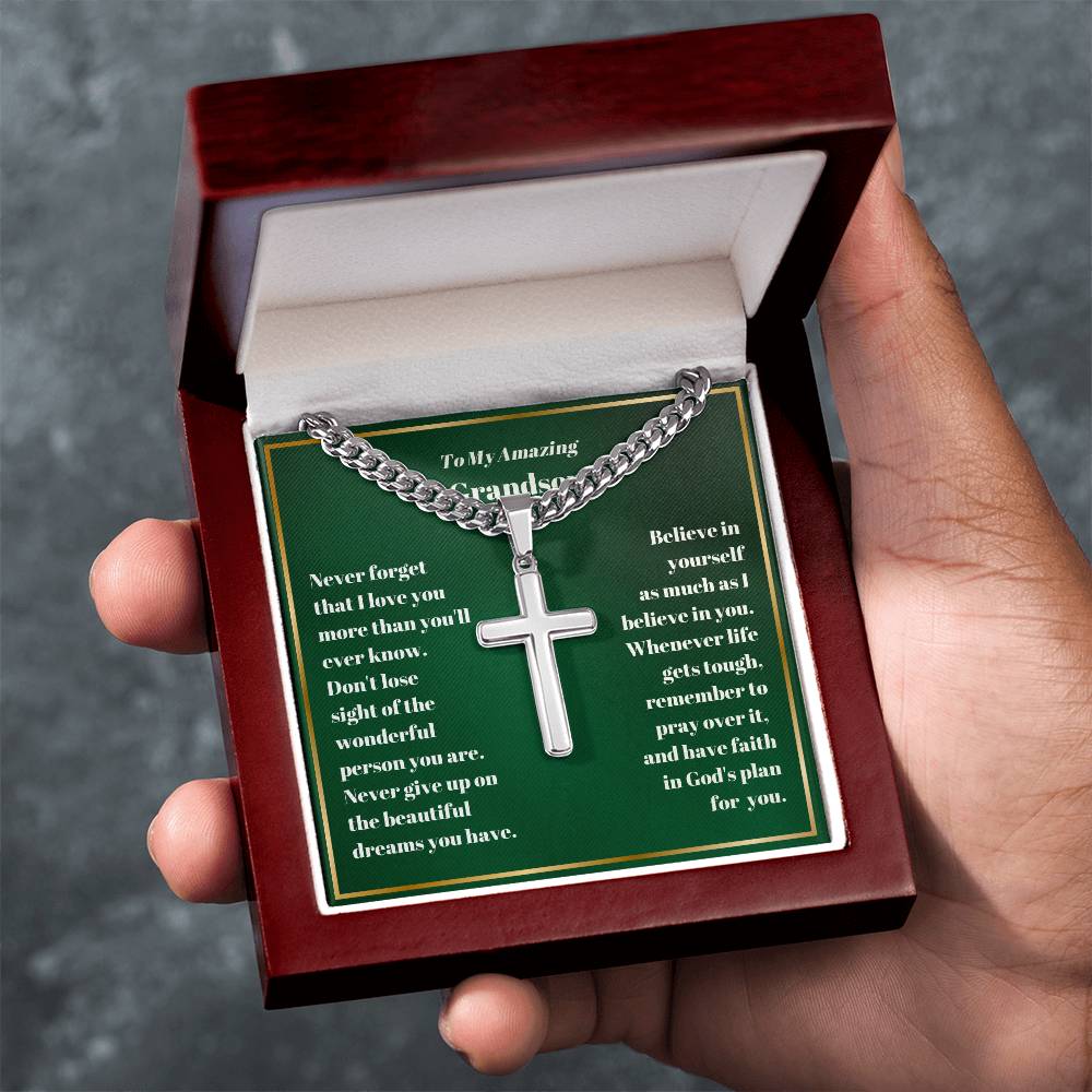 Grandson Personalized Cross Necklace on Cuban Chain-[Heartfelt Family Gift]
