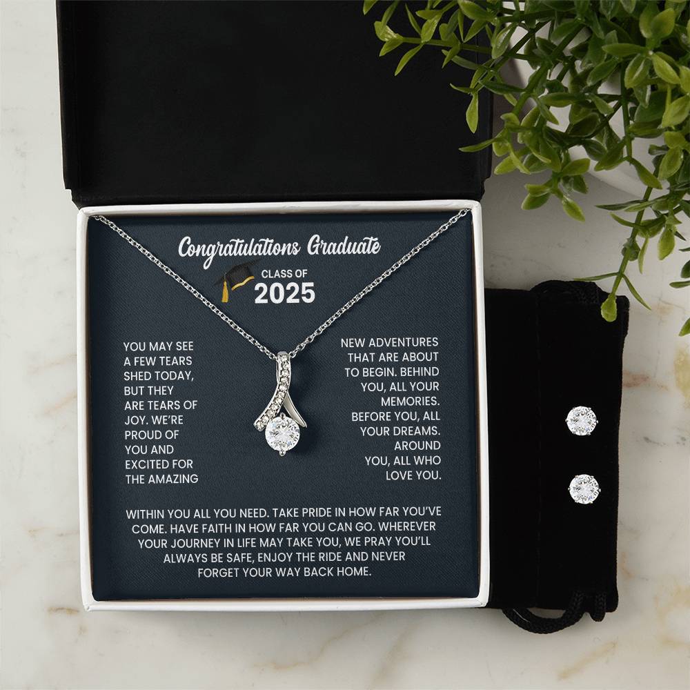 Class of 2026 Graduation Necklace and Earring Gift Set - Petite Ribbon