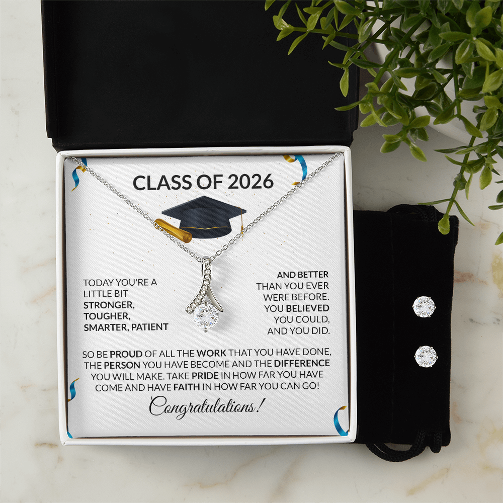 Class of 2026 Graduation Necklace and Earring Gift Set - Petite Ribbon