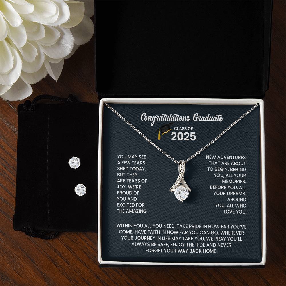 Class of 2026 Graduation Necklace and Earring Gift Set - Petite Ribbon