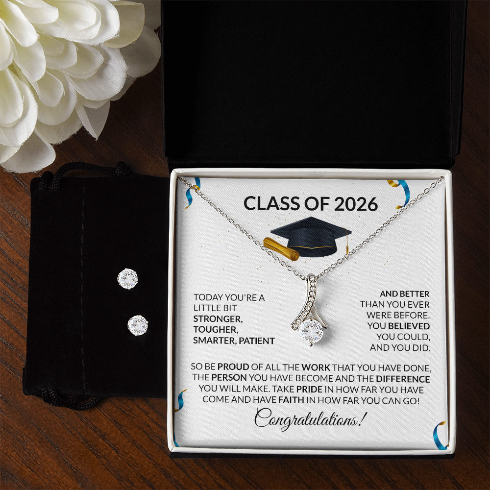Class of 2026 Graduation Necklace and Earring Gift Set - Petite Ribbon