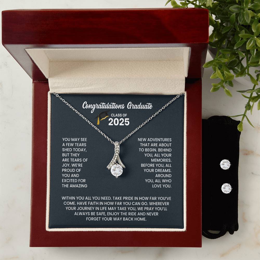 Class of 2026 Graduation Necklace and Earring Gift Set - Petite Ribbon