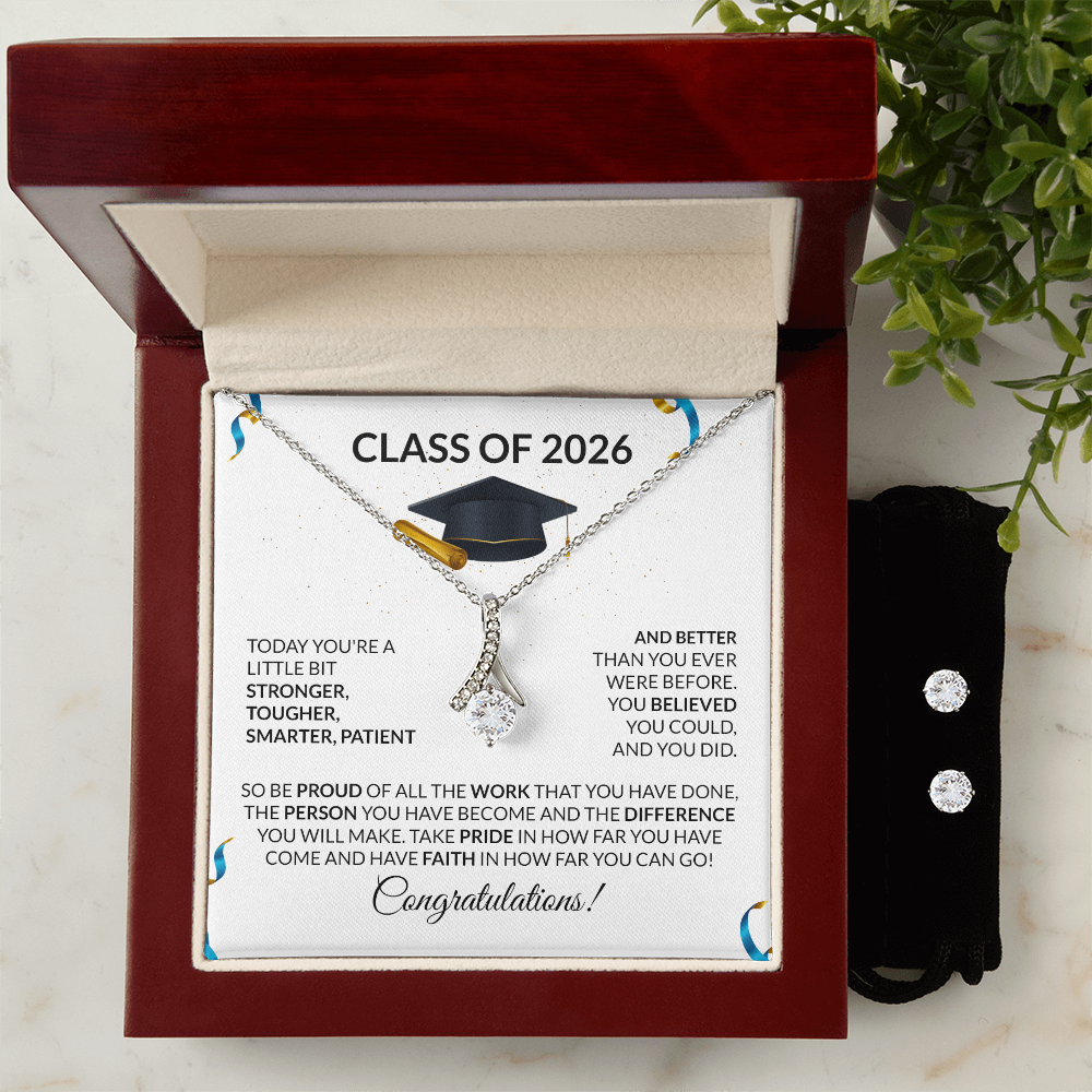 Class of 2026 Graduation Necklace and Earring Gift Set - Petite Ribbon