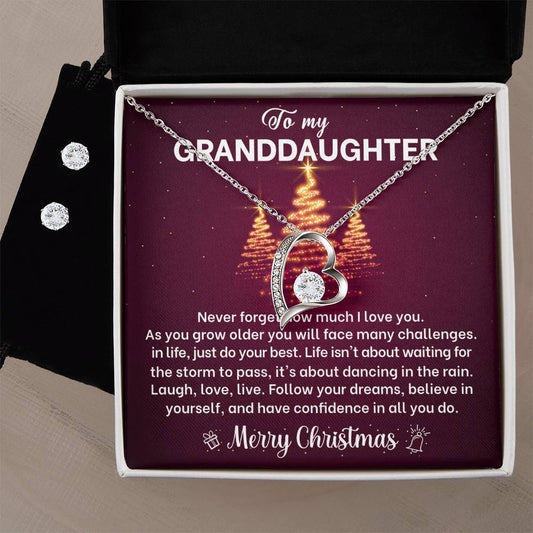 Granddaughter Christmas Red Trees Heart Necklace and Earring Set-[Heartfelt Family Gift]