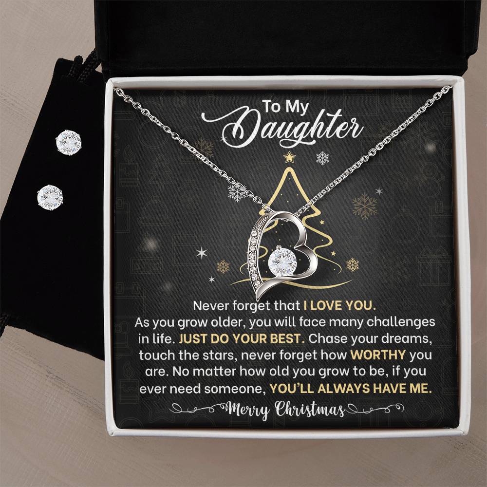 Daughter Christmas Heart Necklace and Earring Set-[Heartfelt Family Gift]
