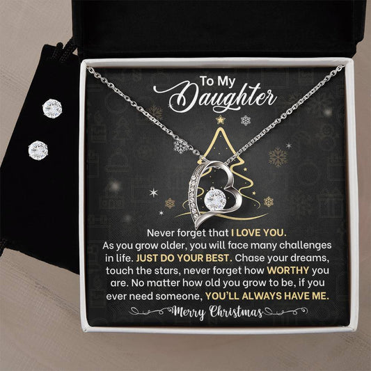 Daughter Christmas Heart Necklace and Earring Set-[Heartfelt Family Gift]