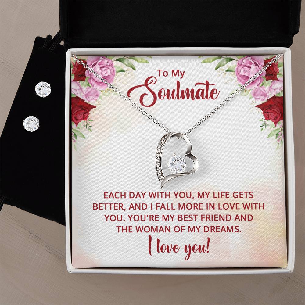 To My Soulmate and the Woman of My Dreams Heart Necklace and Earring Set-[Heartfelt Family Gift]
