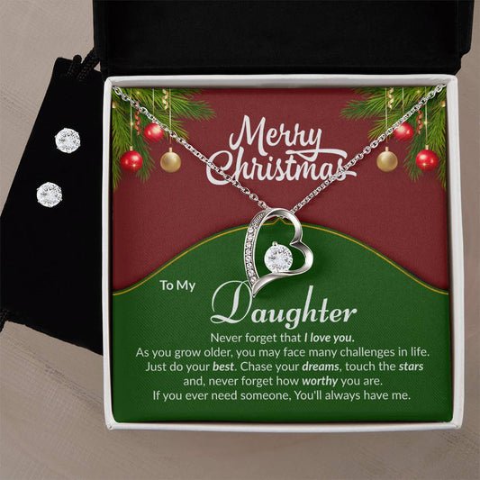 Christmas Green Red Daughter Heart Necklace and Earring Set-[Heartfelt Family Gift]