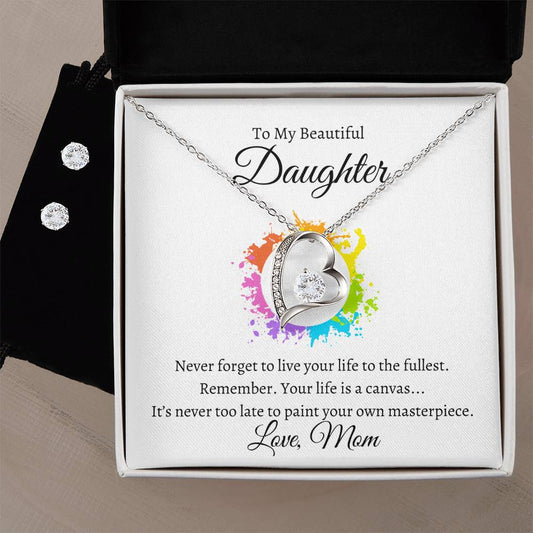 Daughter Life Is A Canvas Heart Necklace and Earring Set-[Heartfelt Family Gift]