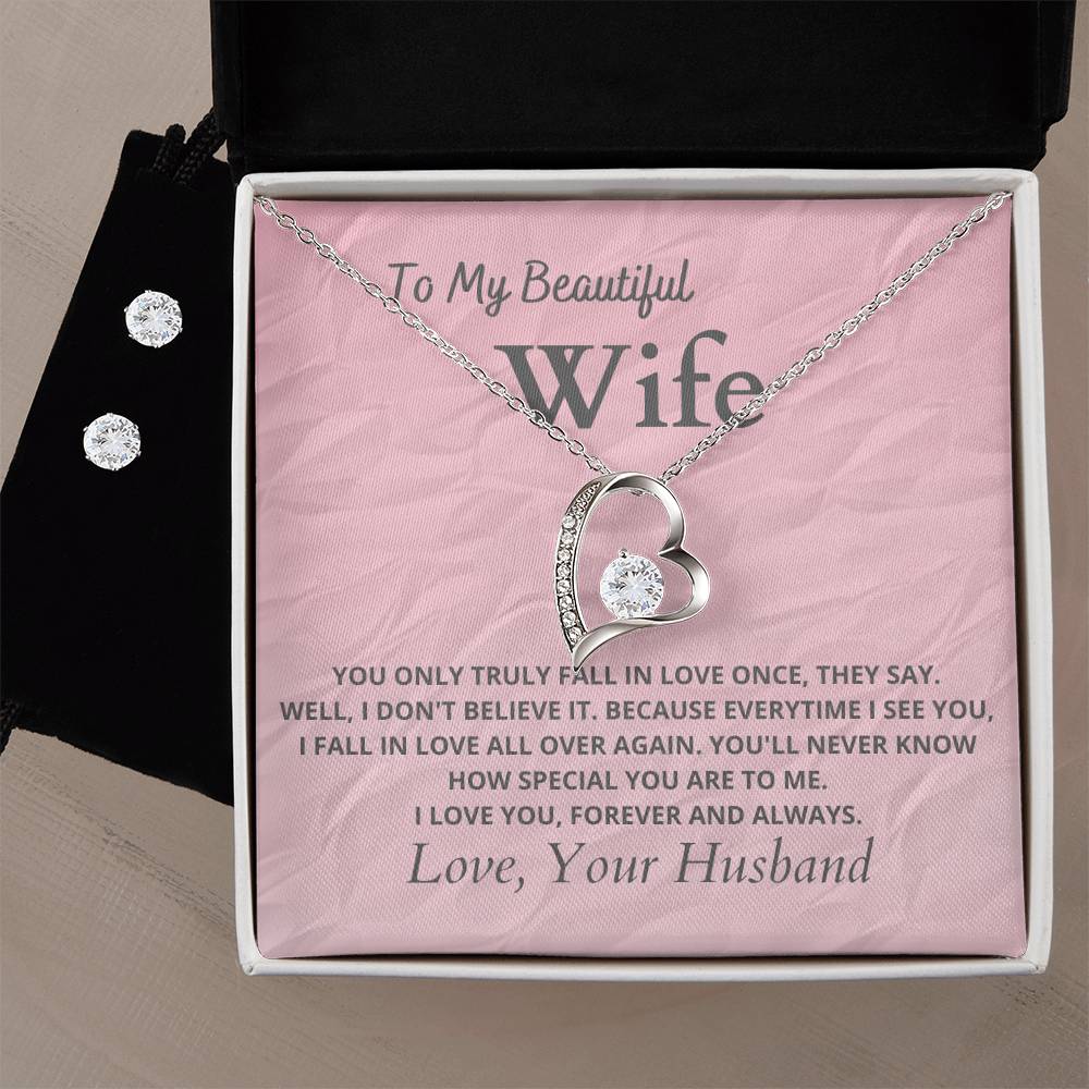 Beautiful Wife Heart Necklace and Earring Set-[Heartfelt Family Gift]