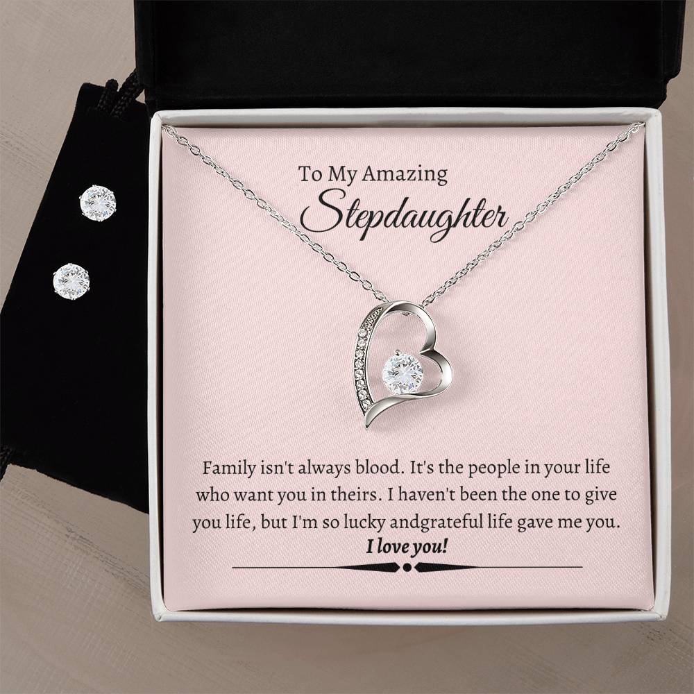 Stepdaughter Heart Necklace and Earring Set-[Heartfelt Family Gift]
