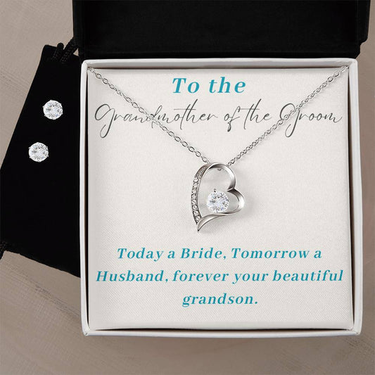 Grandmother of the Groom Heart Necklace and Earring Set-[Heartfelt Family Gift]