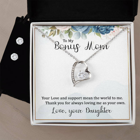 To My Bonus Mom Heart Necklace and Earring Set-[Heartfelt Family Gift]