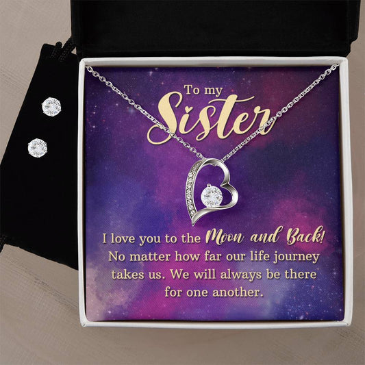 Sister Love You To The Moon and Back Heart Necklace and Earring Set-[Heartfelt Family Gift]