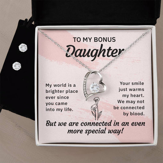 To my bonus daughter- Heart Necklace and Earring Set-[Heartfelt Family Gift]