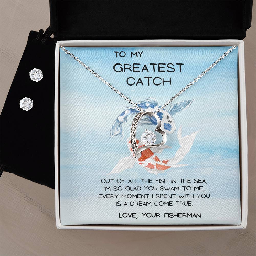 greatest catch Heart Necklace and Earring Set-[Heartfelt Family Gift]