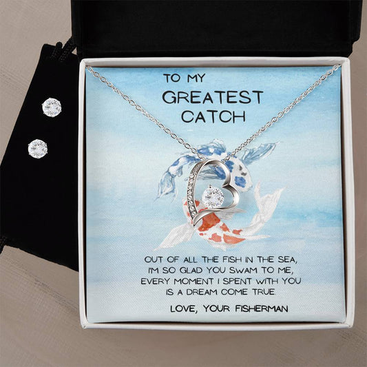 greatest catch Heart Necklace and Earring Set-[Heartfelt Family Gift]