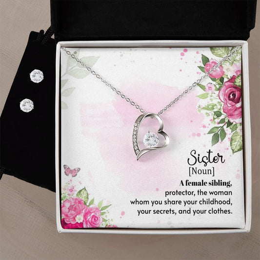 Sister Noun Heart Necklace and Earring Set-[Heartfelt Family Gift]