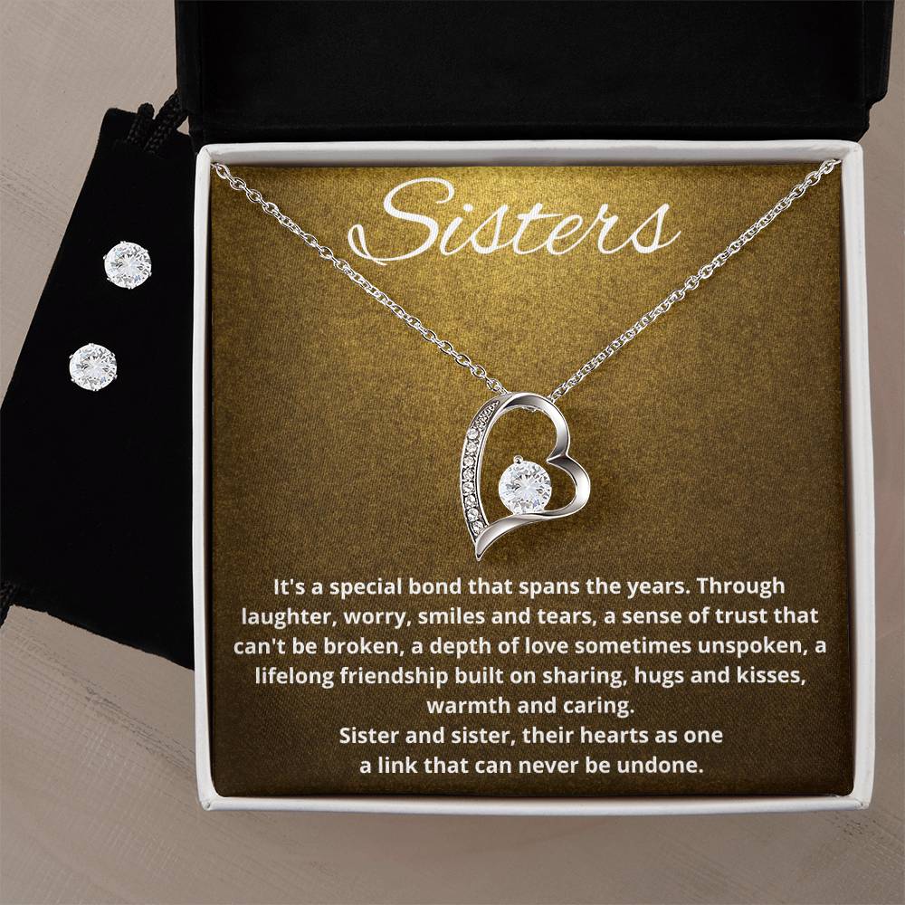 Sisters Heart Necklace and Earring Set-[Heartfelt Family Gift]