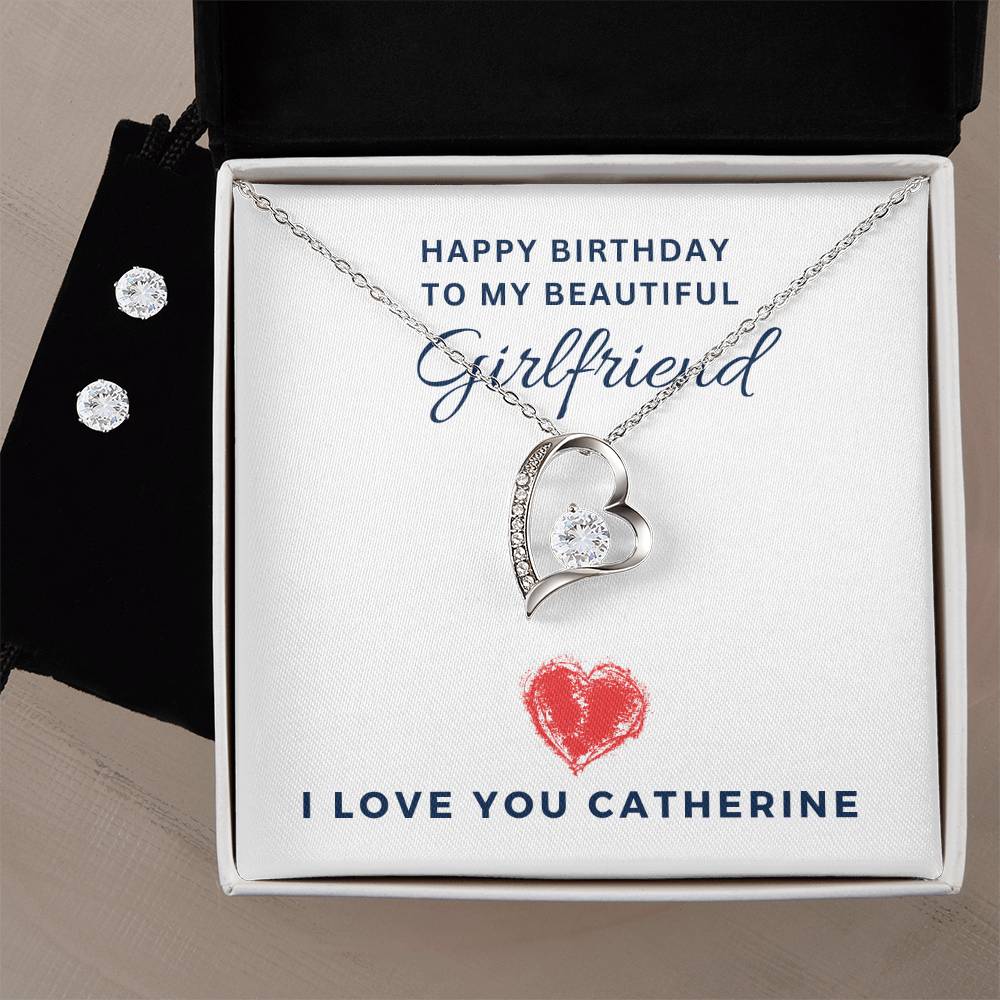 Happy Birthday Girlfriend Heart Necklace and Earring Set-[Heartfelt Family Gift]