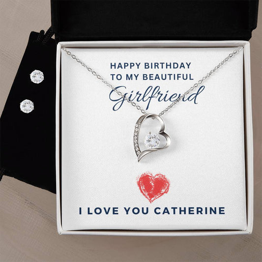 Happy Birthday Girlfriend Heart Necklace and Earring Set-[Heartfelt Family Gift]