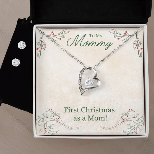 Mom First Christmas Heart Necklace and Earring Set-[Heartfelt Family Gift]