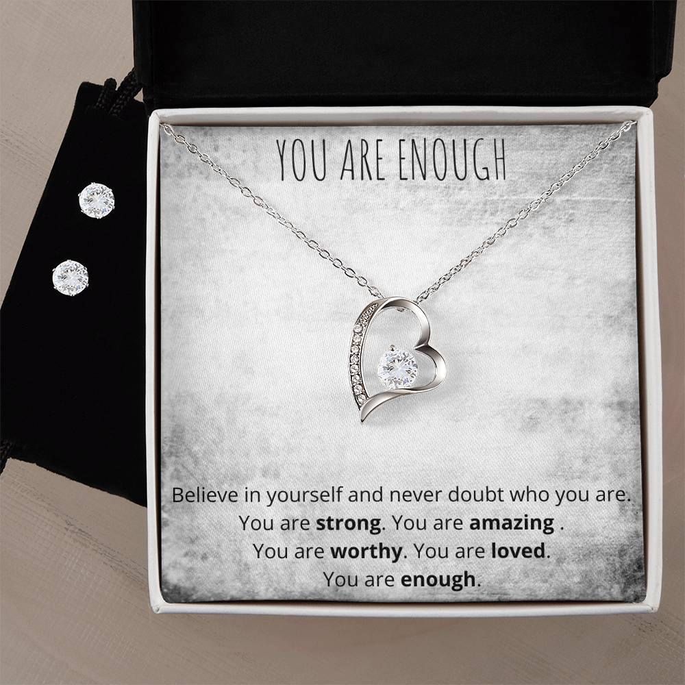 You Are Enough Heart Necklace  Earring Set - Encouragement Jewelry for Women-[Heartfelt Family Gift]