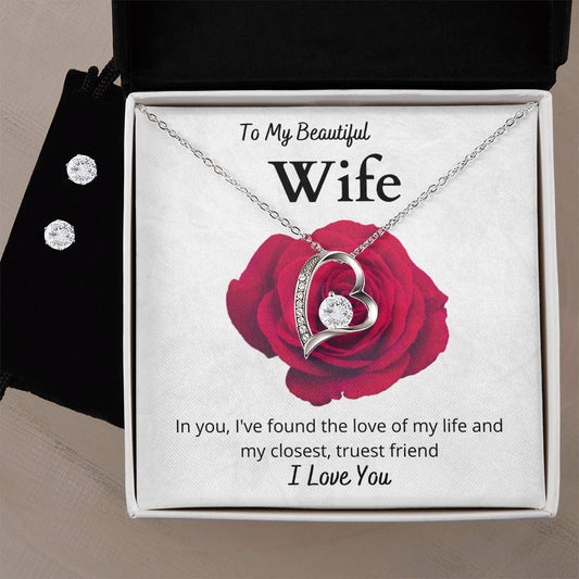 Wife1 Heart Necklace and Earring Set-[Heartfelt Family Gift]