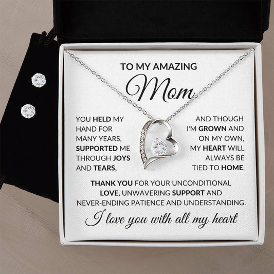 Amazing Mom Heart Necklace and Earring Set-[Heartfelt Family Gift]