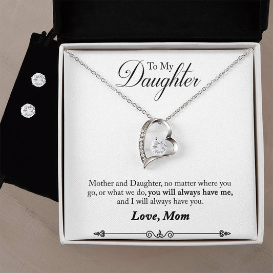 Daughter No Matter Where You Go Heart Necklace and Earring Set-[Heartfelt Family Gift]