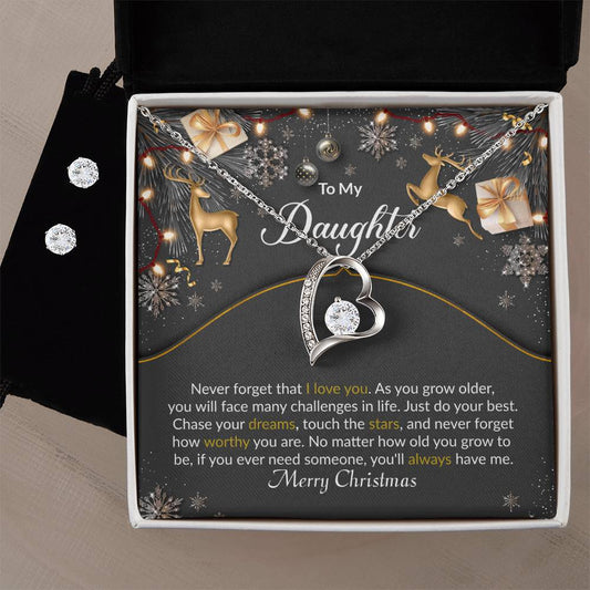 Christmas Reindeer Black Daughter Heart Necklace and Earring Set-[Heartfelt Family Gift]