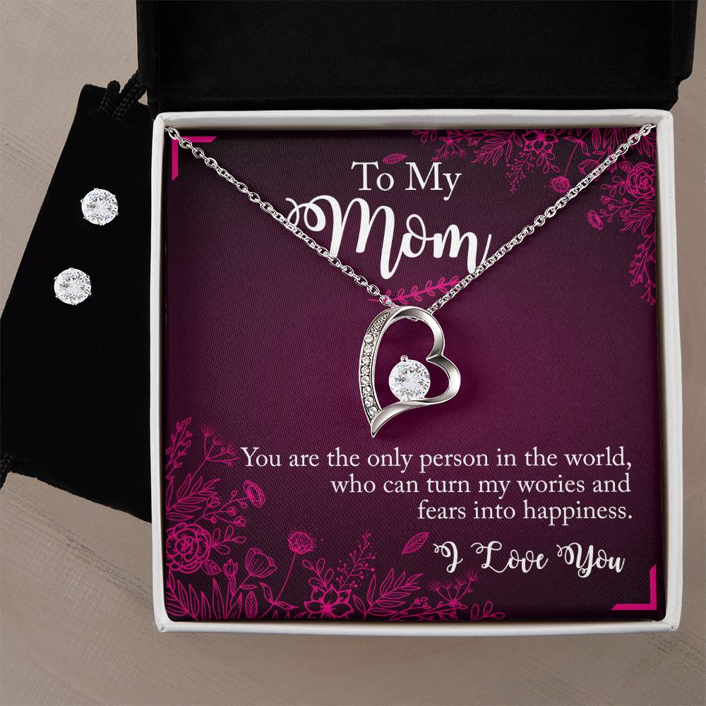 Mom Happiness Heart Necklace and Earring Set-[Heartfelt Family Gift]