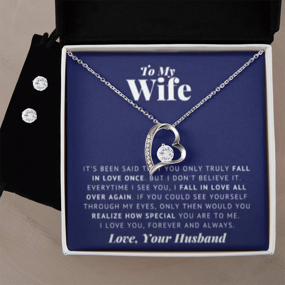 Wife Heart Necklace and Earring Set-[Heartfelt Family Gift]