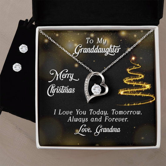 Granddaughter Merry Christmas Heart Necklace and Earring Set-[Heartfelt Family Gift]