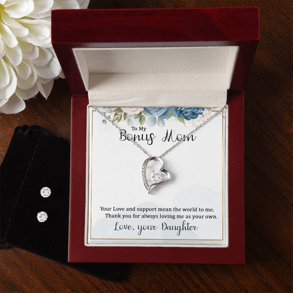 To My Bonus Mom Heart Necklace and Earring Set-[Heartfelt Family Gift]