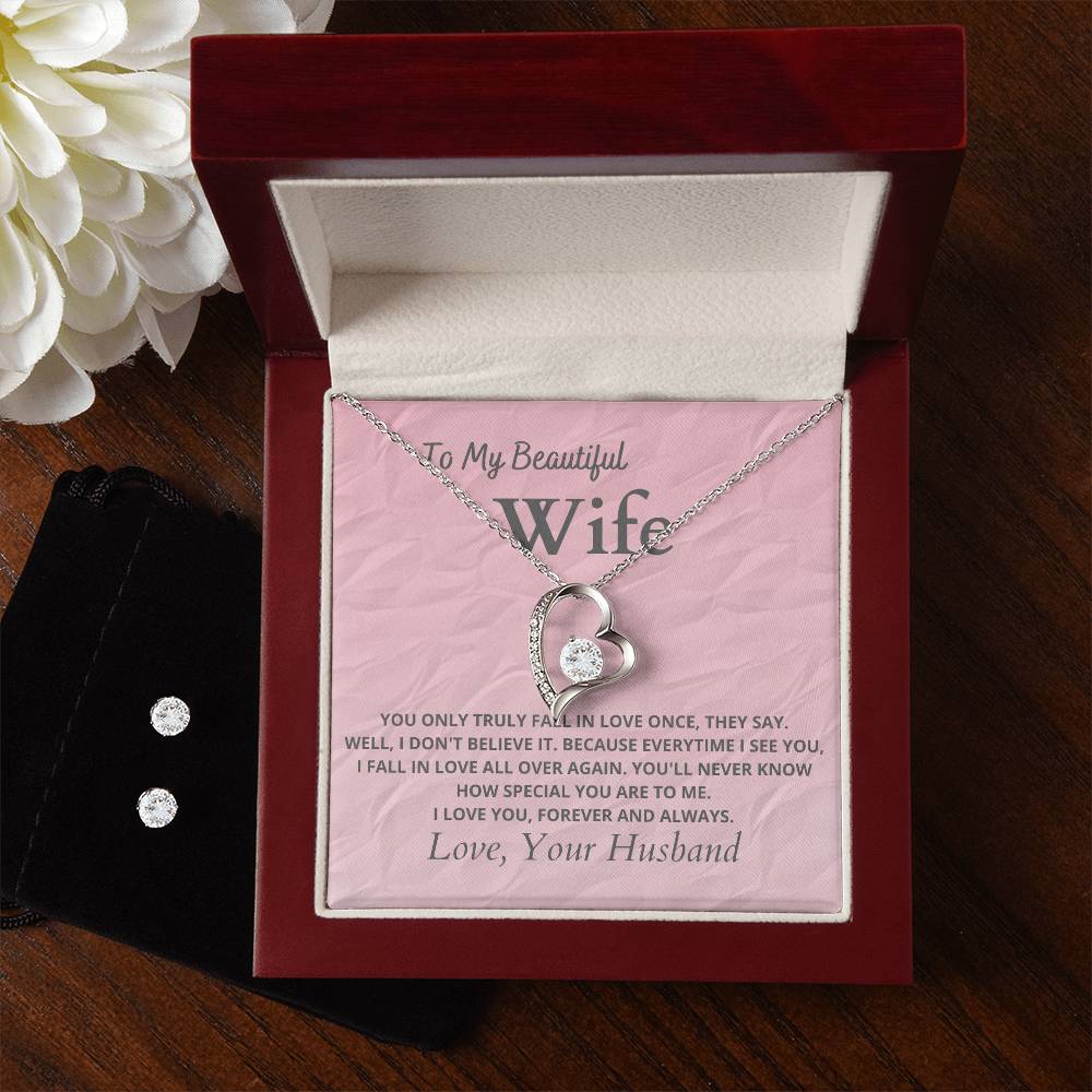 Beautiful Wife Heart Necklace and Earring Set-[Heartfelt Family Gift]
