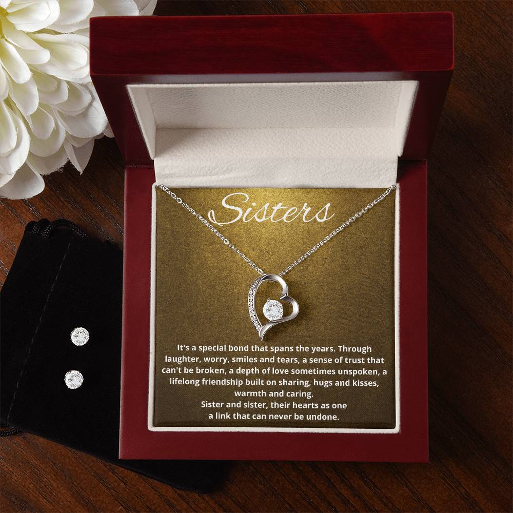 Sisters Heart Necklace and Earring Set-[Heartfelt Family Gift]