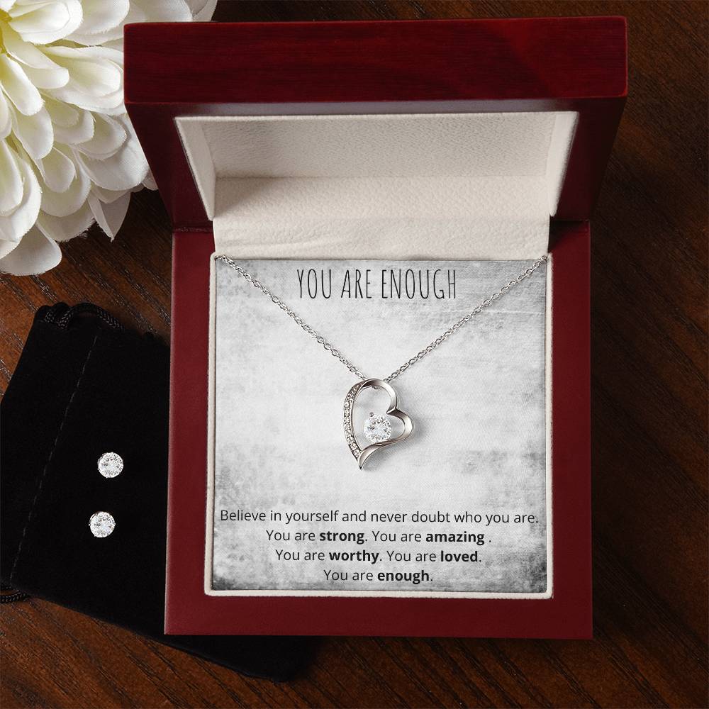 You Are Enough Heart Necklace  Earring Set - Encouragement Jewelry for Women-[Heartfelt Family Gift]