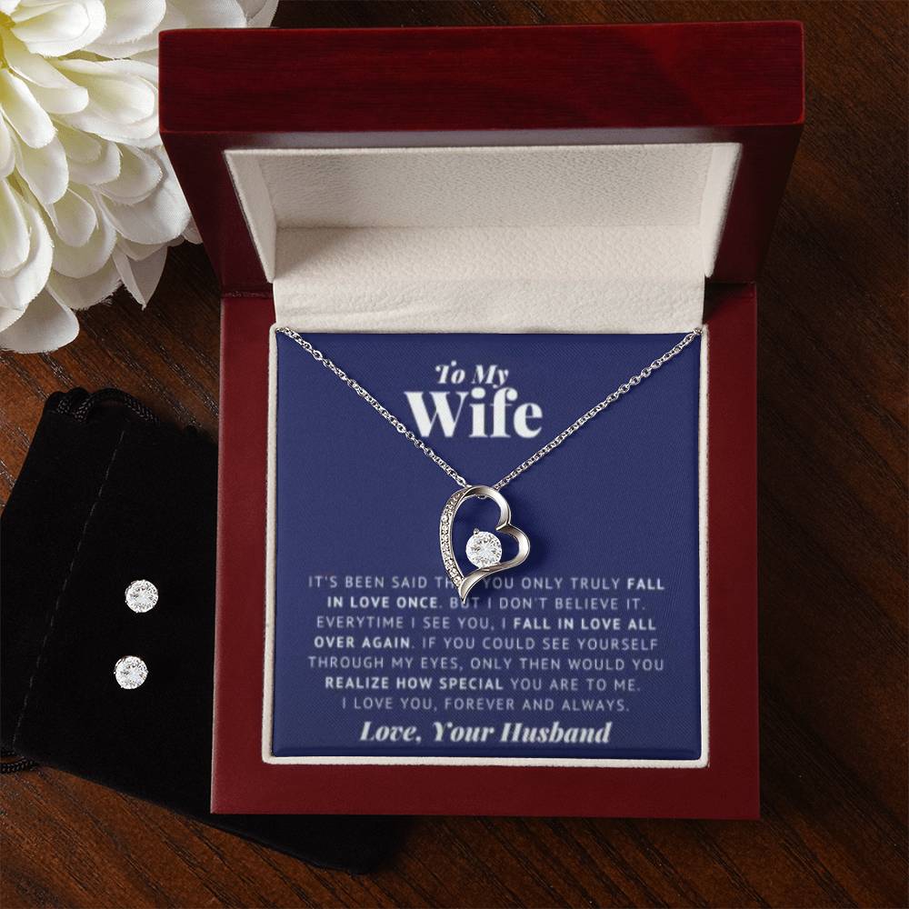 Wife Heart Necklace and Earring Set-[Heartfelt Family Gift]