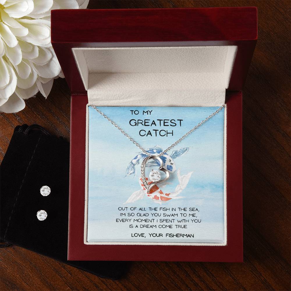 greatest catch Heart Necklace and Earring Set-[Heartfelt Family Gift]