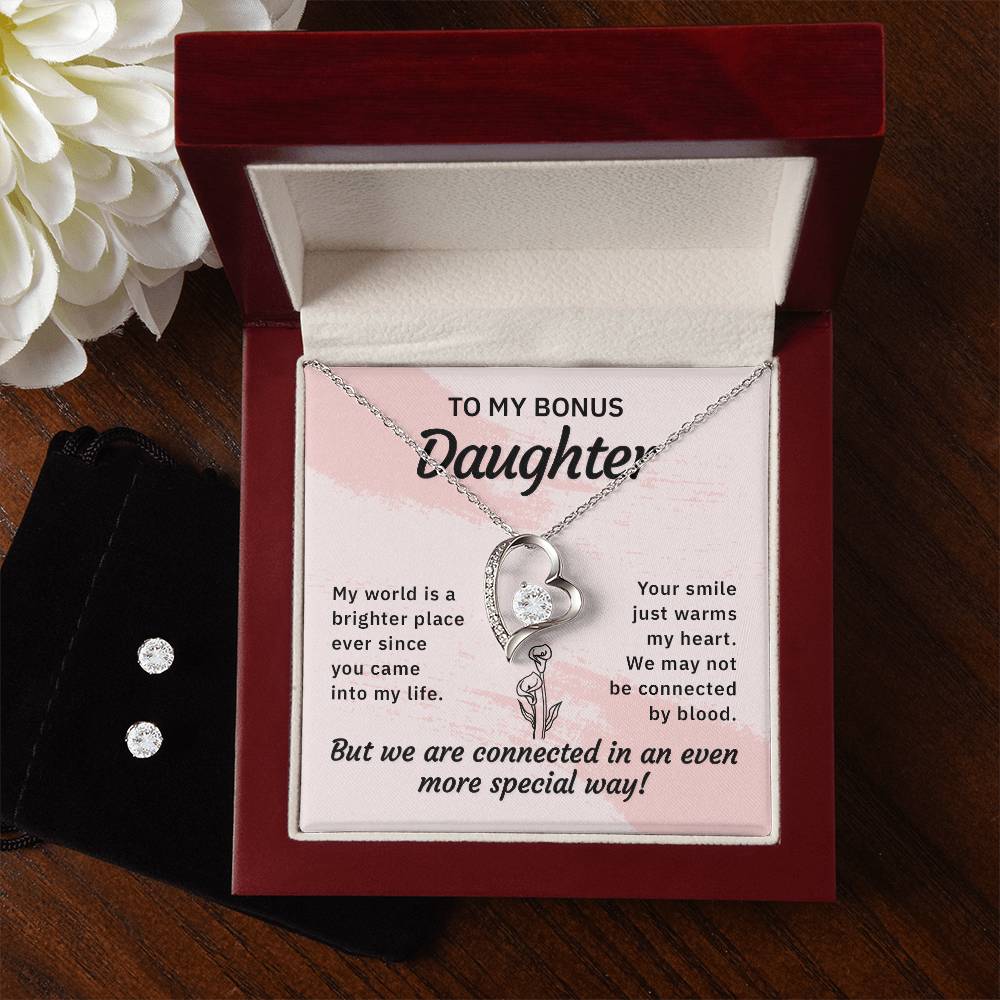To my bonus daughter- Heart Necklace and Earring Set-[Heartfelt Family Gift]